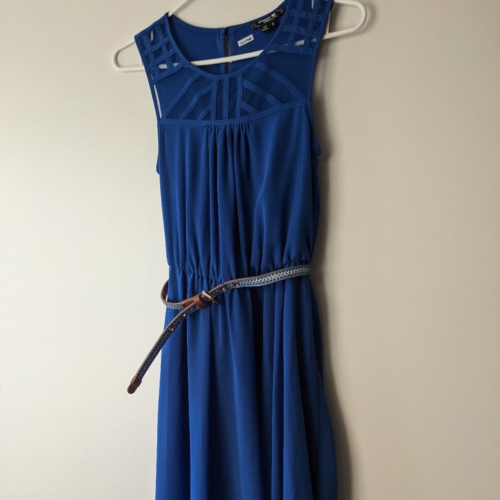 Sequin Hearts Mesh Sleeveless Belted Dress Royal Blue Size Small